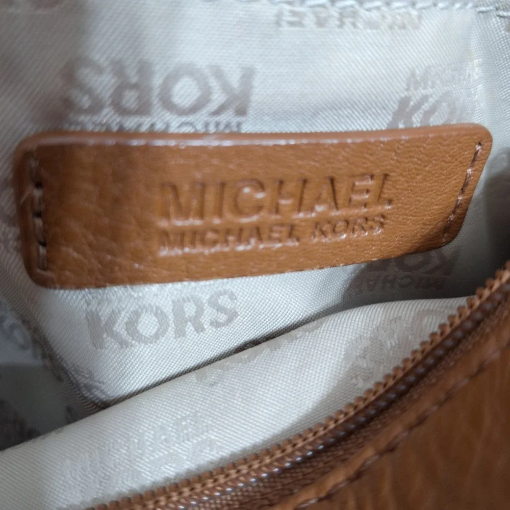 Michael Kors Pebbled Leather Tote Bag Luggage Brown Gold Chain Shoulder Bag
